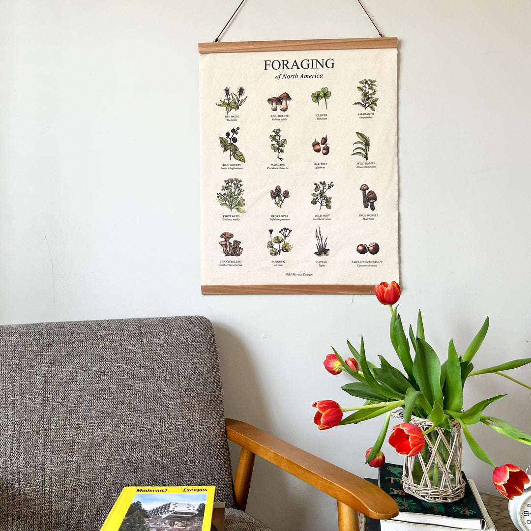 Handmade hanging organic raw canvas wall art featuring illustrated foraging plants from North American forests. Available in three different wood frames. All material sourced in the USA.