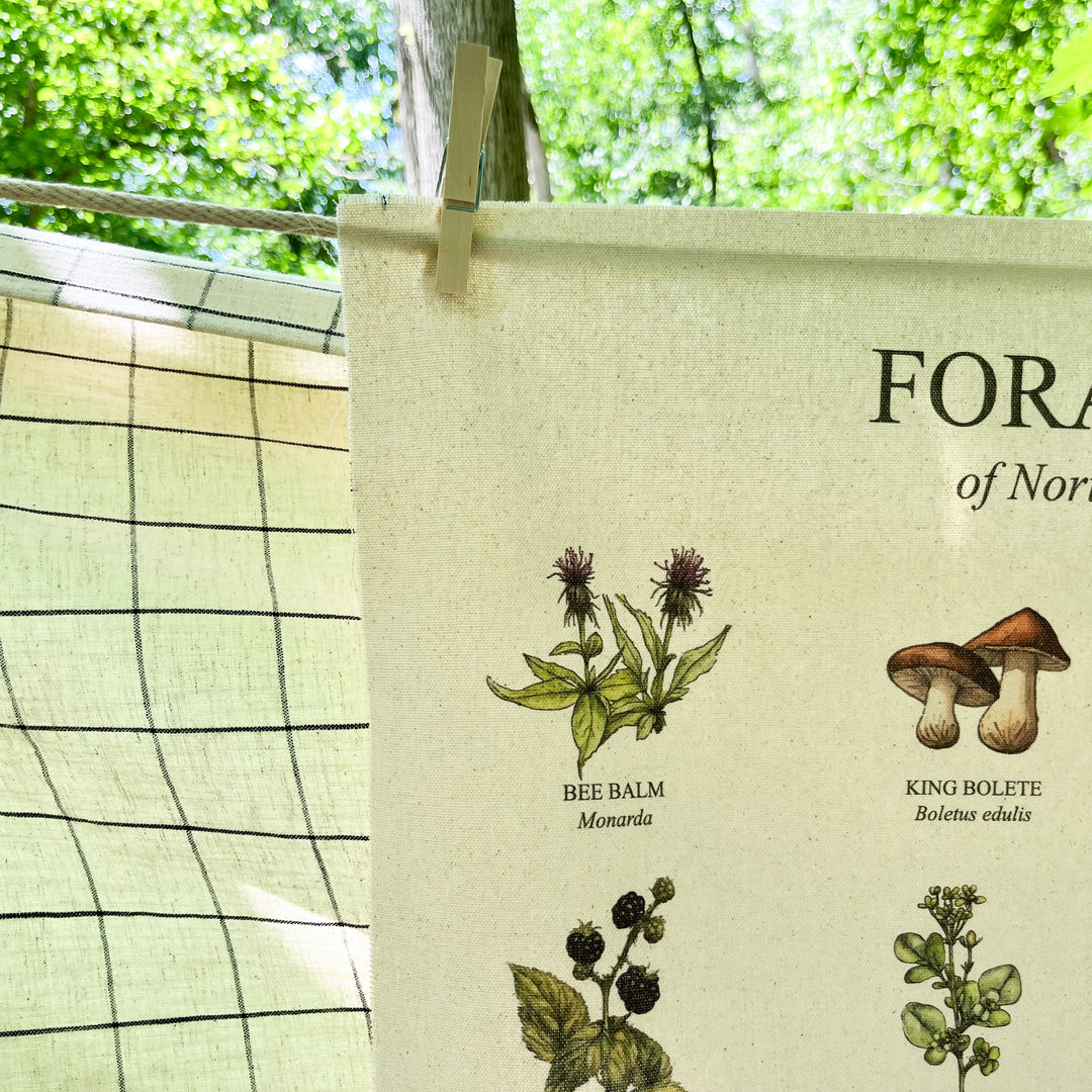 Handmade hanging organic raw canvas wall art featuring illustrated foraging plants from North American forests. Perfect decor for nature lovers, outdoor adventurers and wildlife enthusiasts.