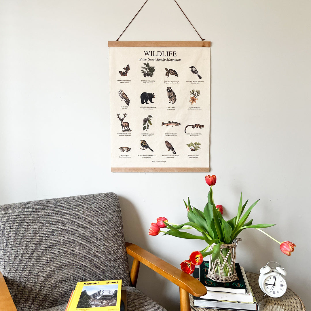 Handmade hanging organic raw canvas wall art featuring plant & animal illustrations from the Great Smoky Mountains forests. Perfect decor for nature lovers, outdoor adventurers and wildlife enthusiasts.