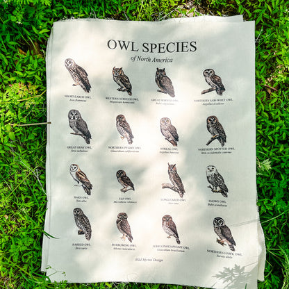 Handmade hanging organic raw canvas wall art featuring illustrated owl species from North American forests. Perfect decor for nature lovers, outdoor adventurers and wildlife enthusiasts.