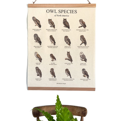 Handmade hanging organic raw canvas wall art featuring illustrated owl species from North American forests. Perfect decor for nature lovers, outdoor adventurers and wildlife enthusiasts.