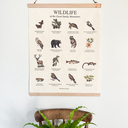 Handmade hanging organic raw canvas wall art featuring plant & animal illustrations from the Great Smoky Mountains forests. Perfect decor for nature lovers, outdoor adventurers and wildlife enthusiasts.