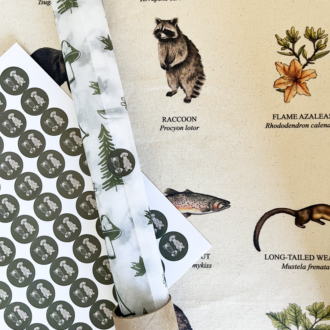 Handmade hanging organic raw canvas wall art featuring plant & animal illustrations from the Great Smoky Mountains forests. Perfect decor for nature lovers, outdoor adventurers and wildlife enthusiasts.