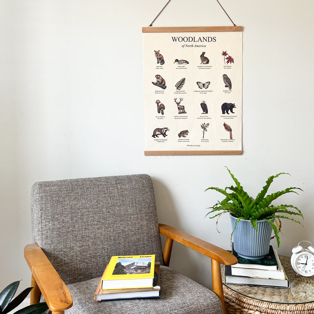 Handmade hanging organic raw canvas wall art featuring illustrated plants and animals from North American forests. Available in three different wood frames. All material sourced in the USA.