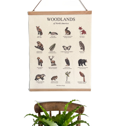 Handmade hanging organic raw canvas wall art featuring illustrated plants and animals from North American forests. Available in three different wood frames. All material sourced in the USA.